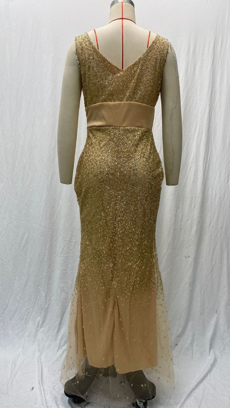 2025 Frühjahr Neue frauen Split Bestreut Gold Lange Abendkleid Weihnachten Thanksgiving Halloween Valentinstag_voghion.com