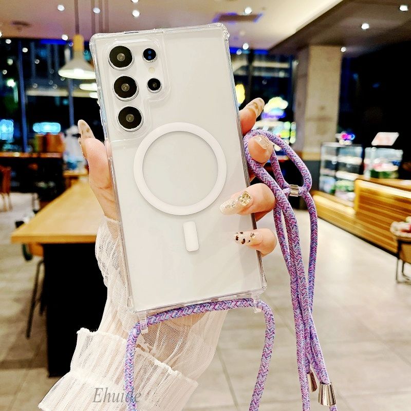 Magnetický popruh pro Samsung Galaxy S25 Ultra S23 S24 Plus S25Plus Crossbody Lanyard Průhledný bezdrátový nabíjecí kryt_voghion.com