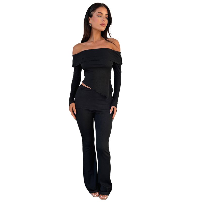 GL6706 Conjunto de dos piezas de pantalón acampanado con solapa, hombros descubiertos e irregulares de canalé pequeño para mujer_voghion.com
