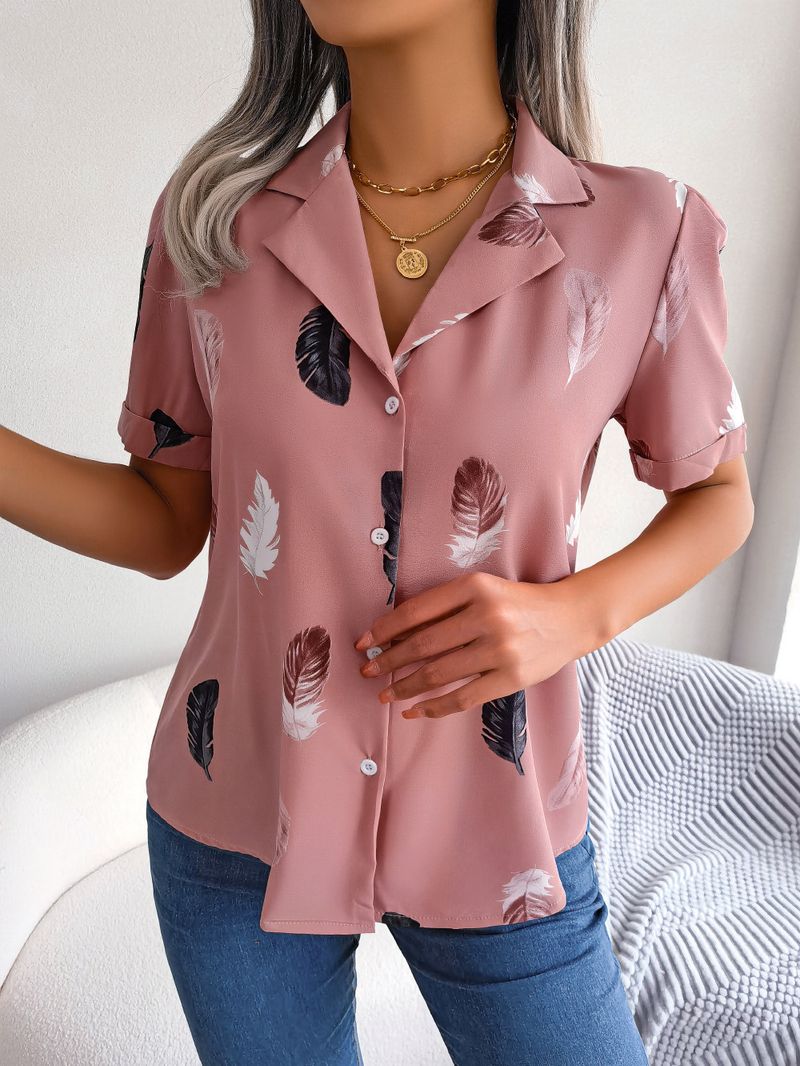 2023 terno de temperamento de verão gola pena camisa manga curta solta roupa feminina_voghion.com