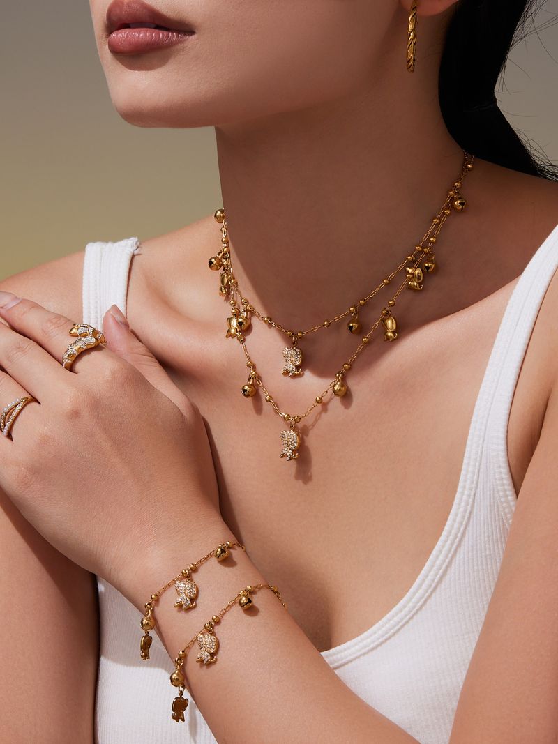 Fangtang 5A Zircon Dog Bell Shaped Multi Accessory Bracelet Necklace Set Stainless Steel Material_voghion.com