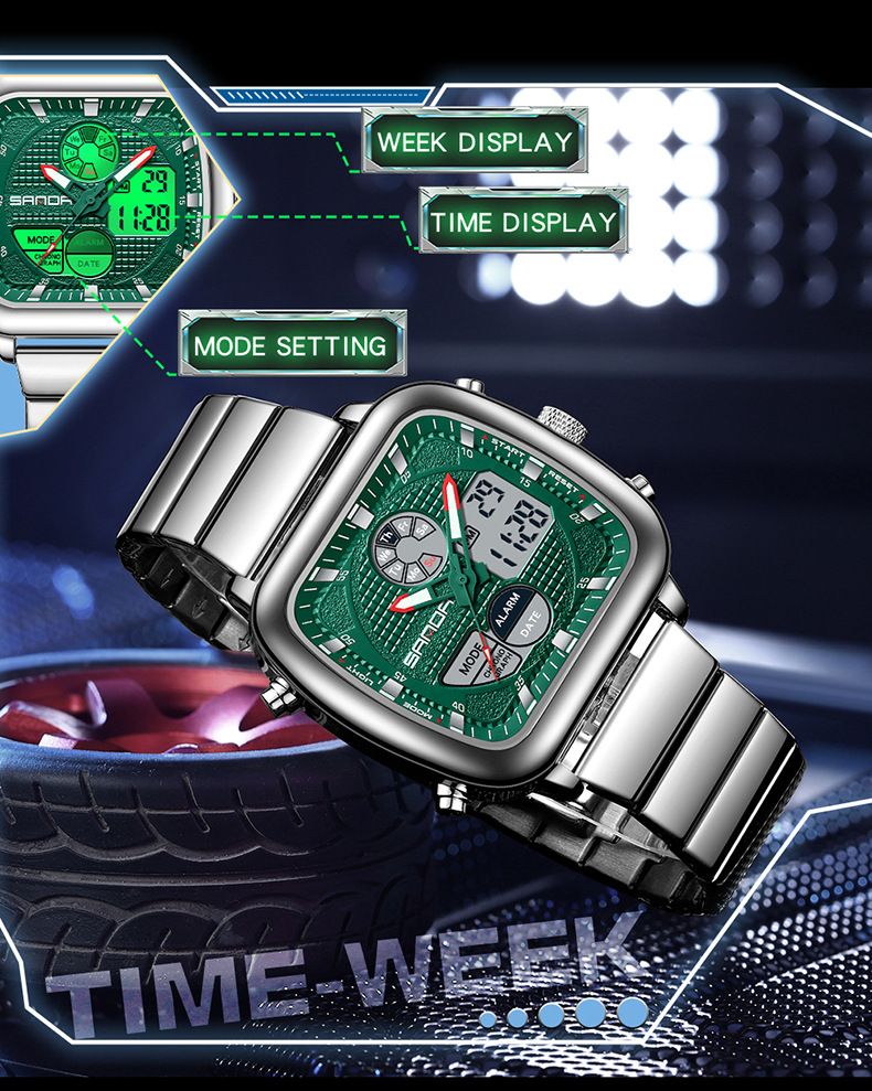 Digitaal analoog quartzhorloge voor heren met dubbel uurwerk, waterdicht, lichtgevend, roestvrijstalen band, alarm, stopwatch, dag-datumweergave_voghion.com