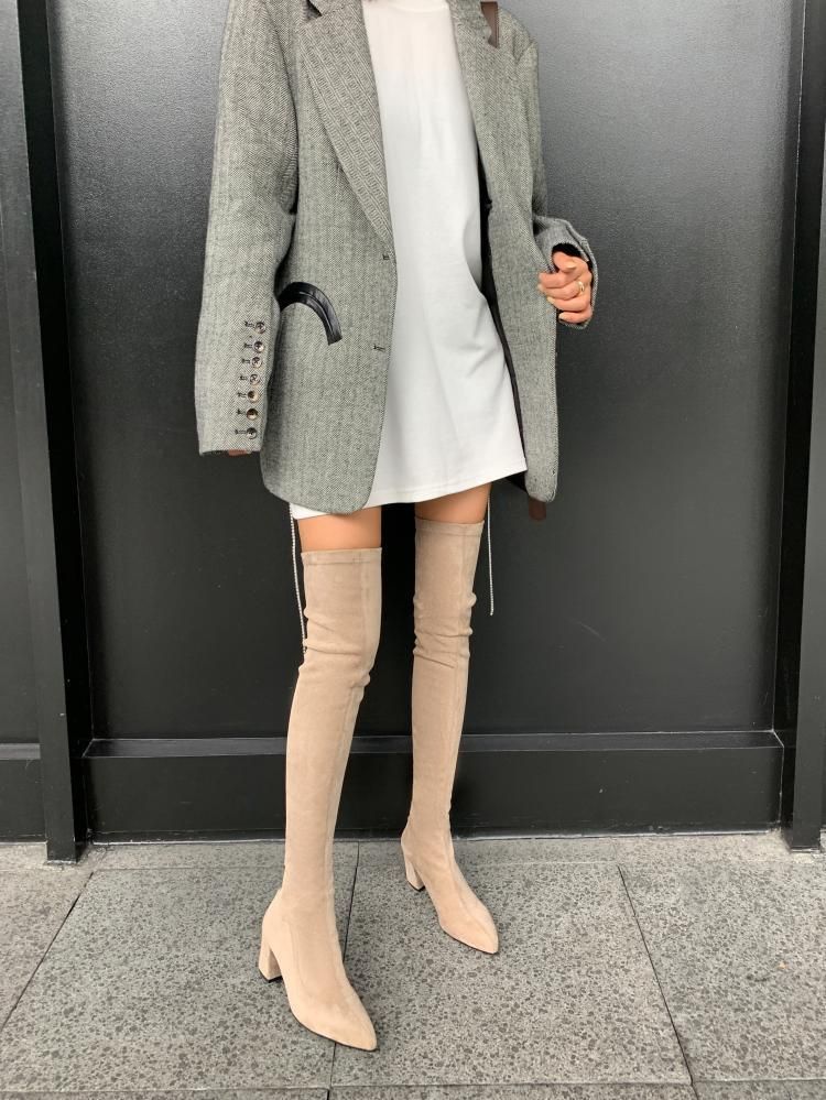 Overknee-Stiefel mit großem Bein, langem Blockabsatz, spitzem Bein und Wickeldesign sowie elastischen Stiefeln mit mittelhohem Absatz für Damen_voghion.com