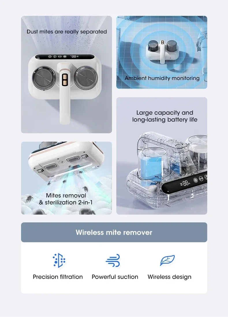 Aspiradora de ácaros de cama de 10 kPa, 5 en 1, inalámbrica, con luz UV-C, tecnología ultrasónica, succión potente, bajo nivel de ruido, para polvo, pelo de mascotas._voghion.com