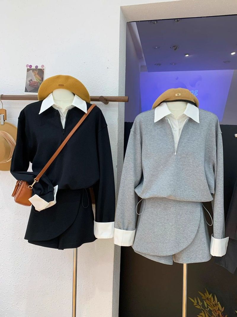 Autumn Layered Look Set – Mock Two-Piece Polo Sweatshirt & Asymmetrical Skort (S-2XL, Polyester Blend, Office-to-Outing Versatility)_voghion.com