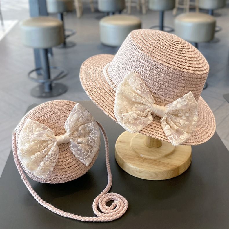 Nei Arrivée 2 Stéck/Set Kleng Meedercher Summer Handgewebt Hutt A Schëller Crossbody Tasch Kanner Puppelchen Prinzessin Schleif Strand Stréi Sonnekapp_voghion.com