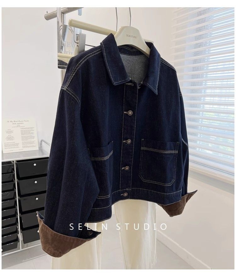 Giacca in denim oversize da donna - Stile boyfriend retrò, blu scuro, vestibilità comoda, cappotto casual unisex per l'autunno_voghion.com