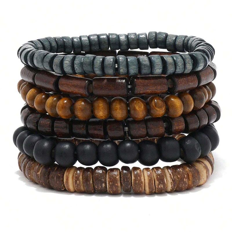 6/4 Stéck 3-Stil PU Holzperlen Geflochtene Liederarmband fir Männer Vintage Life Holzperlen Moud Männerarmband_voghion.com