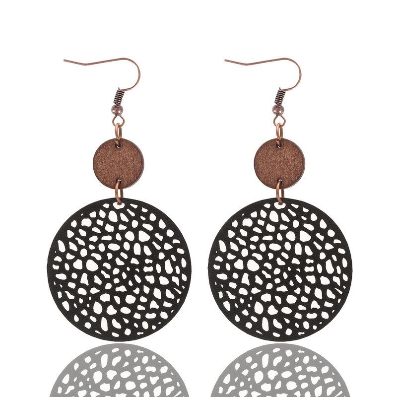 Hollow Style Leather Combination Handmade Small Wood Piece Earrings Xiyin_voghion.com