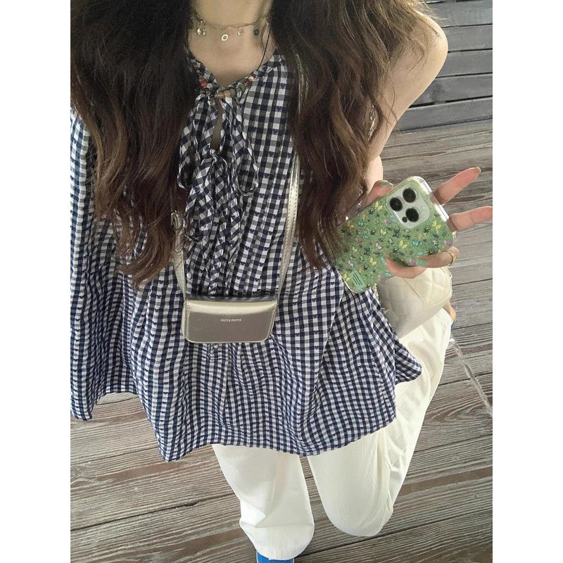 Summer Korean Style Blue And White Plaid Sleeveless Vest For Women, Loose Fit, Slimming, Tie-Up Doll Top_voghion.com