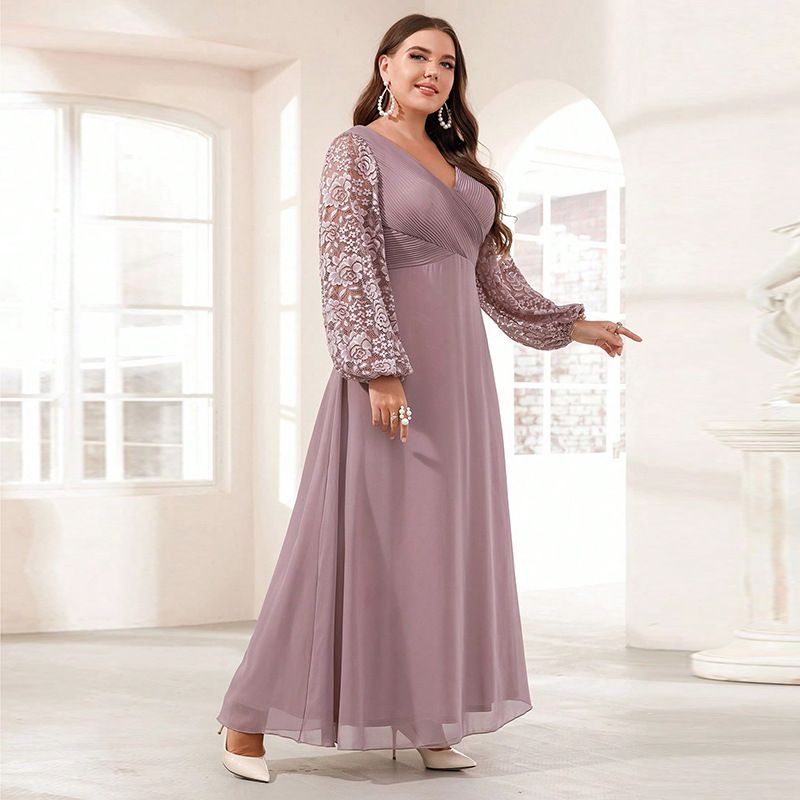 Elegantes Abendkleid aus Satin mit V-Ausschnitt und langen Ärmeln in Übergröße und Pailletten – A-Linien-Kleid für Partys und besondere Anlässe_voghion.com