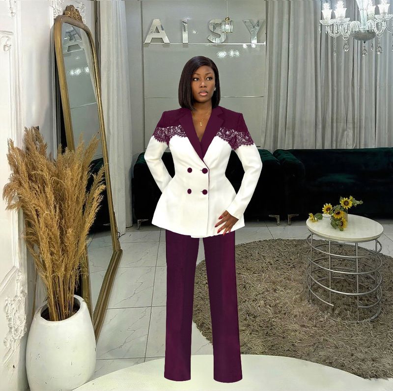 Conjunto de terno elegante com painel de renda elástica para mulheres - Blazer e calça slim fit (preto/roxo/azul, P-3GG)_voghion.com