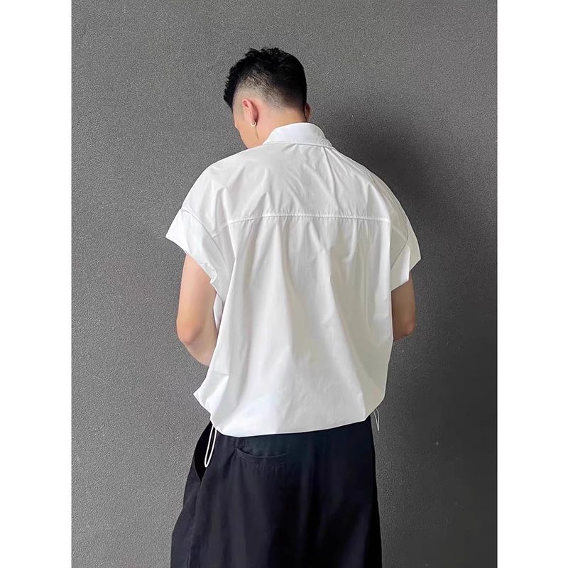 Camicia da uomo a maniche corte in lino effetto seta – Camicia casual in poliestere traspirante con coulisse e tasca (bianco/nero/kaki, M-XXXL)_voghion.com