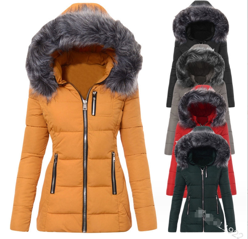 Modische Slim-Fit-Baumwolljacke mit Pelzkragen und Reißverschluss für Damen_voghion.com