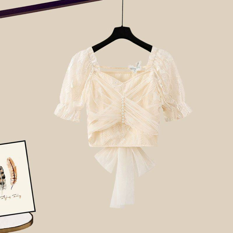 Conjunto feminino de duas peças estilo francês - Camisa de chiffon de um ombro só e saia jeans retrô | Look elegante e moderno_voghion.com