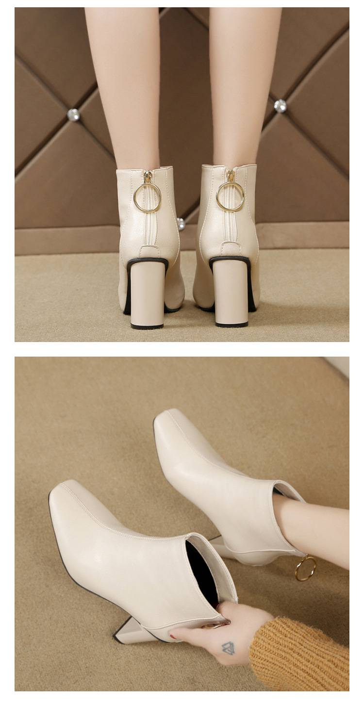 2024 Autumn/Winter New Leather Boots Square Head High Heels Bare Boots Back Zipper Short Boots Thick Heels Martin Boots Women's Shoes_voghion.com