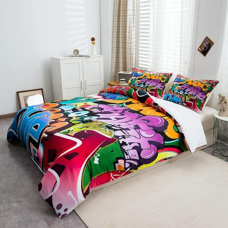 Graffiti Style Bedding Set Kids Hip Hop Theme Comforter Cover For Boys Teens Youth Illustration, Decorative Young Man Duvet Cover Street Culture_voghion.com