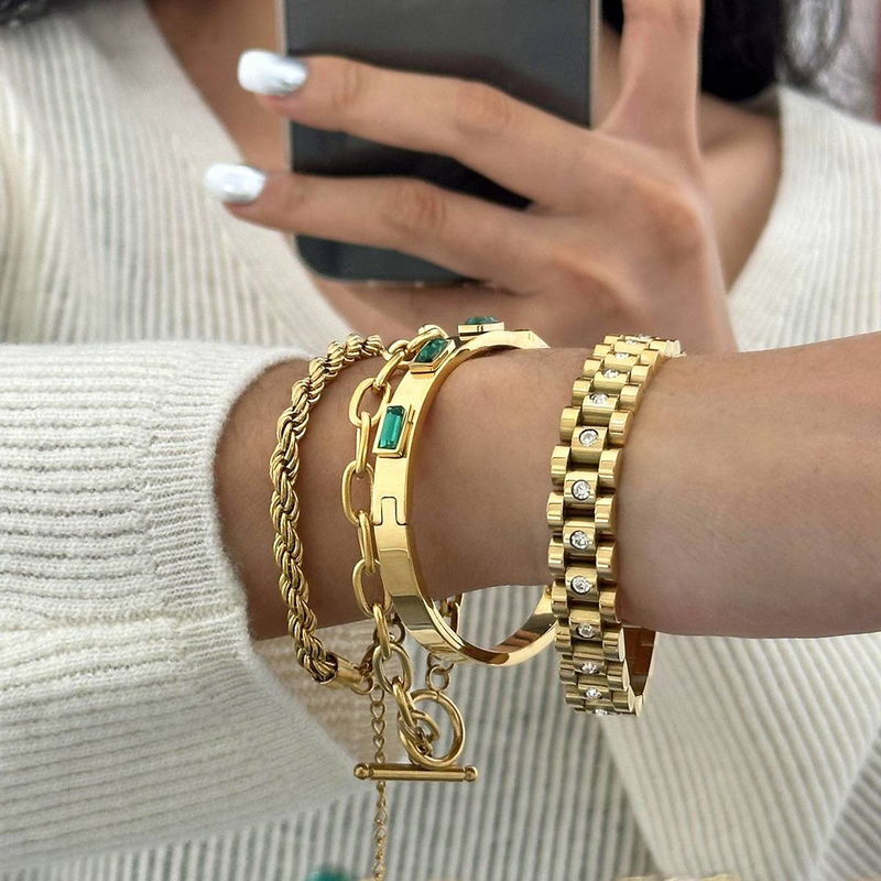 Stainless Steel Zircon Bracelet – Gold Plated Minimalist Bangle (4 Styles)_voghion.com