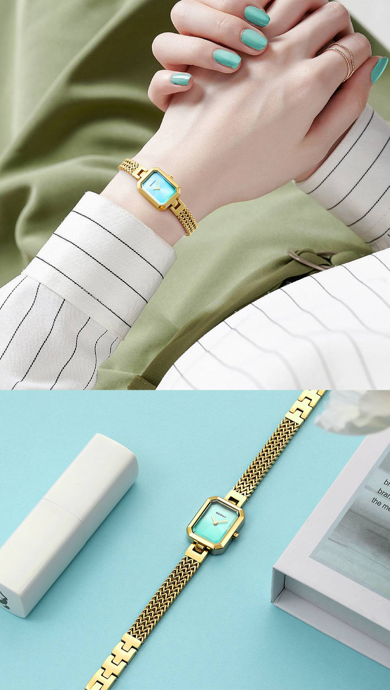 BERNY Small Gold Watches For Women Dainty Luxury Ladies Analog Quartz Bracelet Watch Rectangular Case Stainless Steel Waterproof Minimalist Wristwatch_voghion.com
