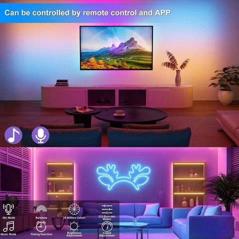 Tira de luces LED de neón RGB de 5 V con control remoto Bluetooth de 28 teclas, iluminación decorativa flexible e impermeable para fondo de TV y ambiente del hogar._voghion.com