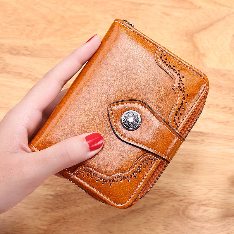 Oil Wax Leather Short Zipper Women Wallet_voghion.com