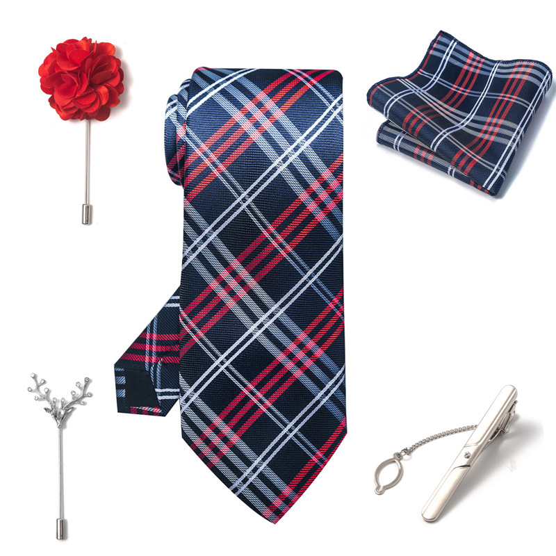 Set da uomo alla moda in tinta unita a righe con anacardi, confezione regalo da 6 pezzi, set con corsetto con fermacravatta e sciarpa quadrata_voghion.com
