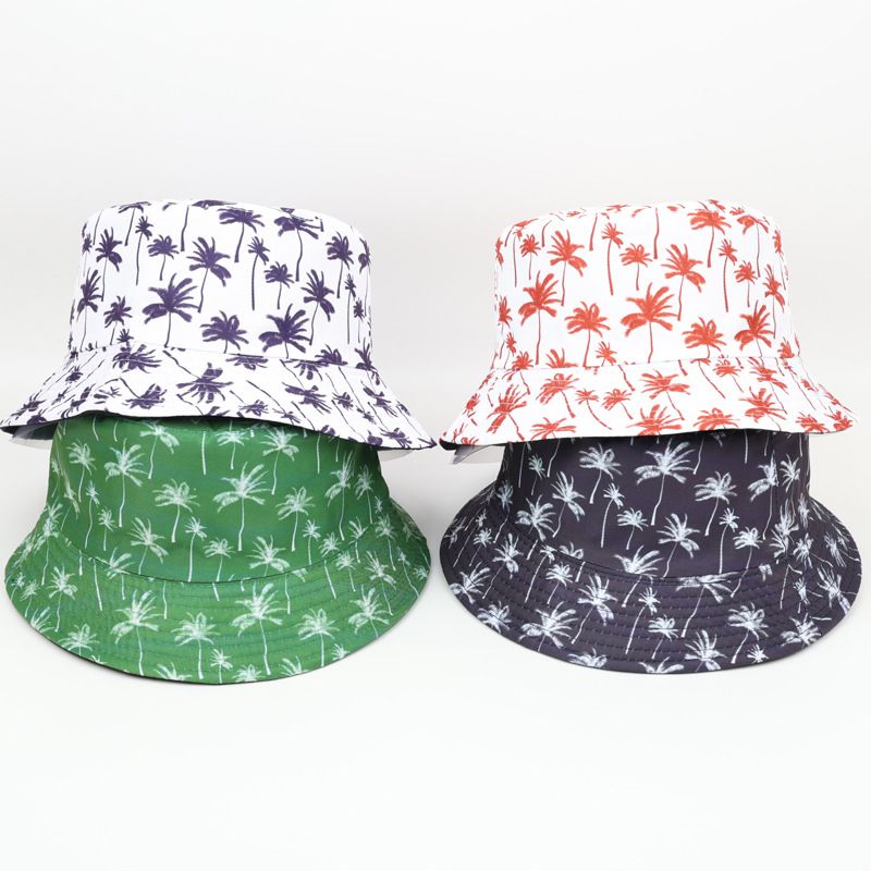 Cappello da pescatore da spiaggia a doppia faccia con albero di cocco, alla moda e versatile, cappello da sole_voghion.com