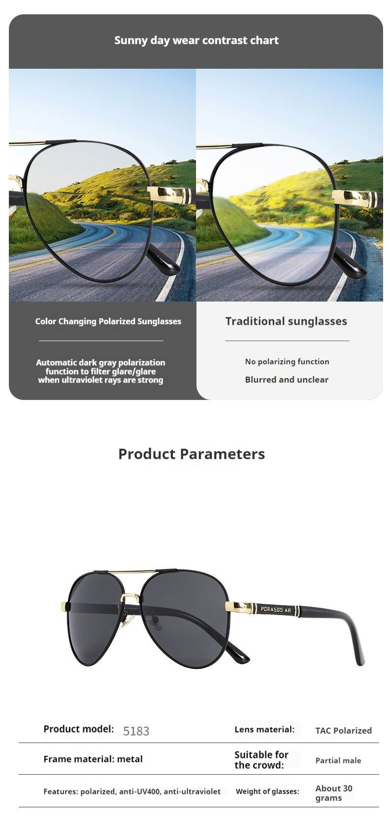 Lunettes de soleil polarisées en métal pour hommes 2024, changement de couleur, conduite, pêche, crapauds, UV_voghion.com
