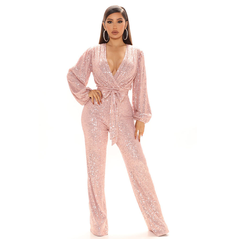 Women's sequined deep V-neck long-sleeved jumpsuit _voghion.com