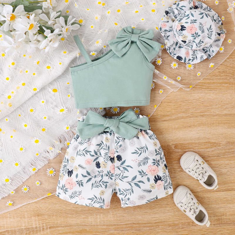 Summer small and medium-sized children's with diagonal shoulder suspender bow top, printed shorts, hat, girl's three_voghion.com