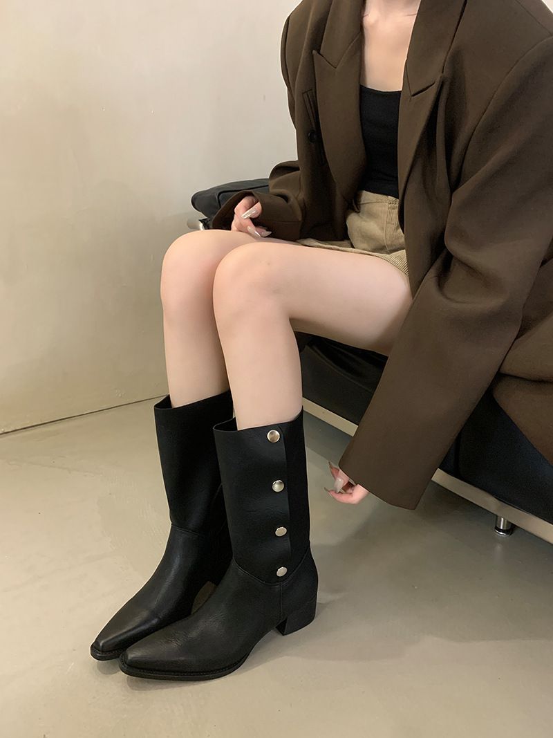 Damenschuhe Stiefeletten Herbst Neue Stiefel aus weichem Leder in geriebener Farbe Metall versteckte Schnalle kann gefaltet werden Zwei Tragemöglichkeiten Retro-Ritterstiefel mit dickem Absatz_voghion.com