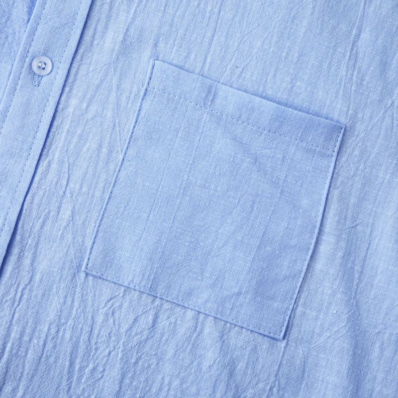 Camicia da uomo ampia a maniche lunghe in cardigan con colletto alla coreana in lino tinta unita_voghion.com