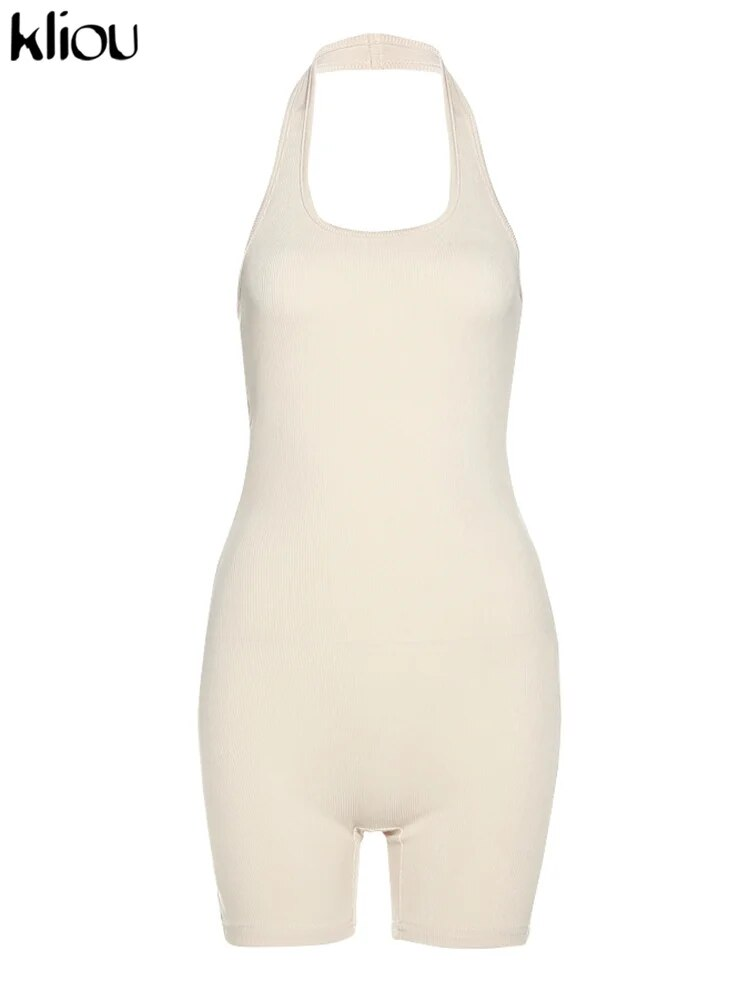 Kliou Randig Sportig träningsgrimma Kvinnor Fritidskläder Aktivt slitage Rygglös Ärmlös lekdräkt Athleisure Biker Playsuits_voghion.com