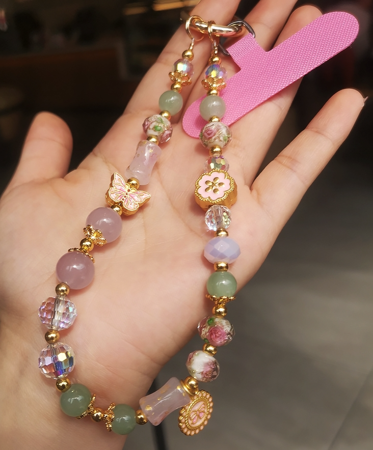 Mobiltelefon-kötél, kínai stílusú üvegvirág medál karkötő, női lánc, rövid csuklódíszes lánccsipesz,_voghion.com