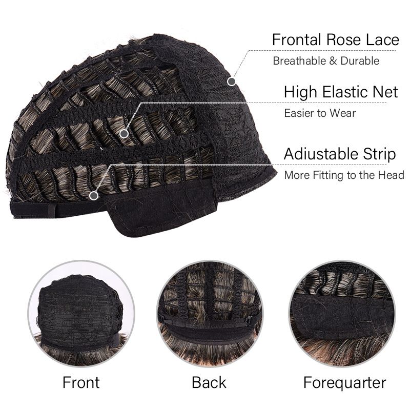 Perruque synthétique à clips pour homme, cheveux courts et raides avec raie sur le côté, en soie haute température et fibres chimiques, pour personnes d'âge moyen et âgées._voghion.com