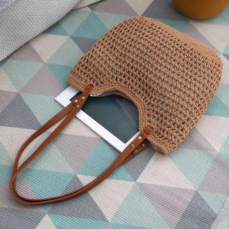 Borsa a mano versatile da donna, in maglia, colore caffè, per autunno e inverno, grande capacità, in filato intrecciato_voghion.com