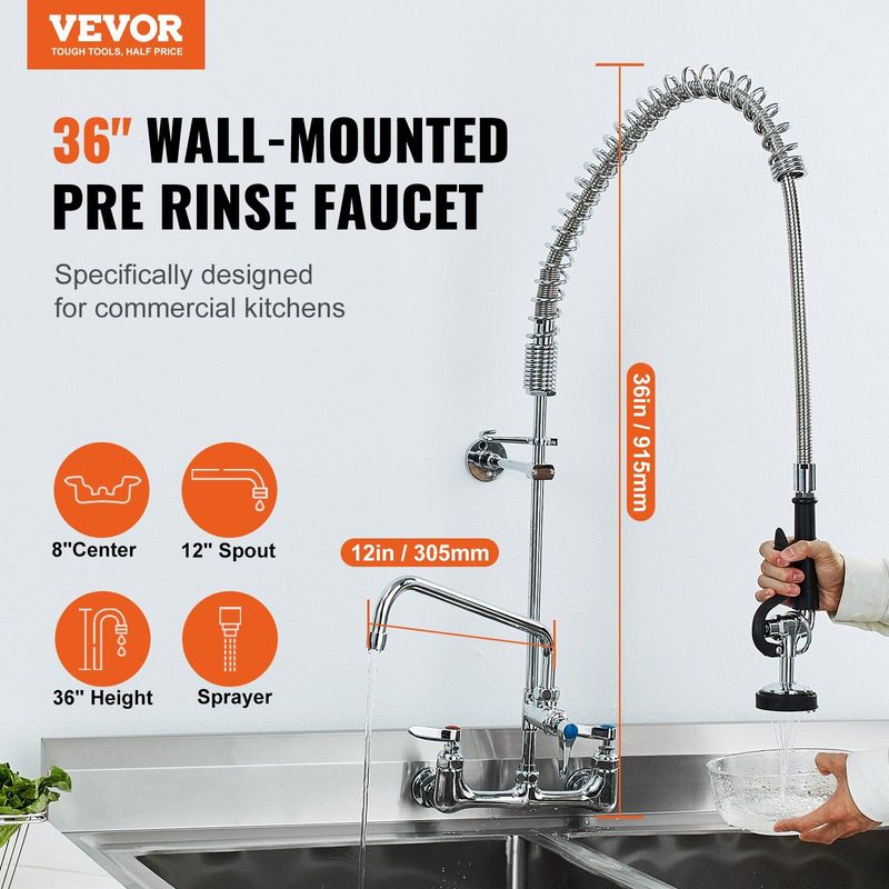 VEVOR Commercial Faucet With Pre-Rinse Sprayer, 36" Height, 8" Center, 12" Swing Spout, Wall Mount Kitchen Sink Faucet, Brass Constructed Device With Pull Down Spray, For 1/2/3 Compartment Sink_voghion.com