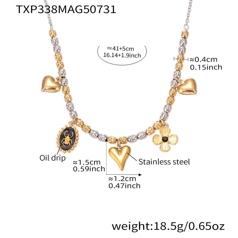 Ensemble collier et bracelet de perles rondes irrégulières avec pendentif cœur, fleur, huile dégoulinante et insecte ovale pour femme_voghion.com