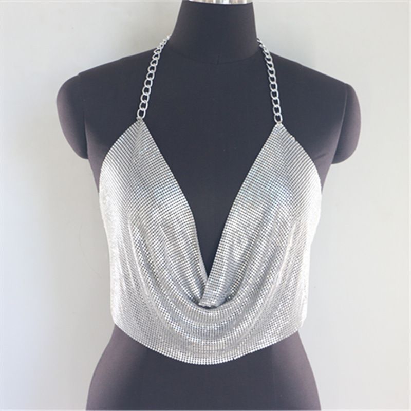 Gilet con paillettes e diamanti in stile discoteca sexy con catena in metallo, scollo a V e scollo all'americana_voghion.com