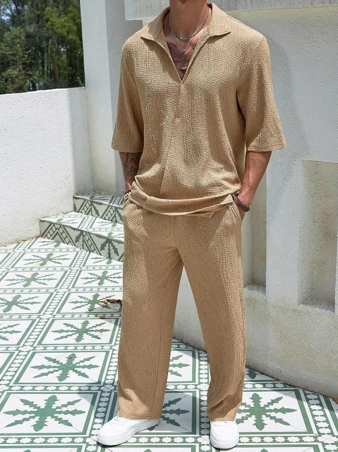 Herren Pendleranzug Freizeithemd Kurzarmhose Männer Ausgehen_voghion.com