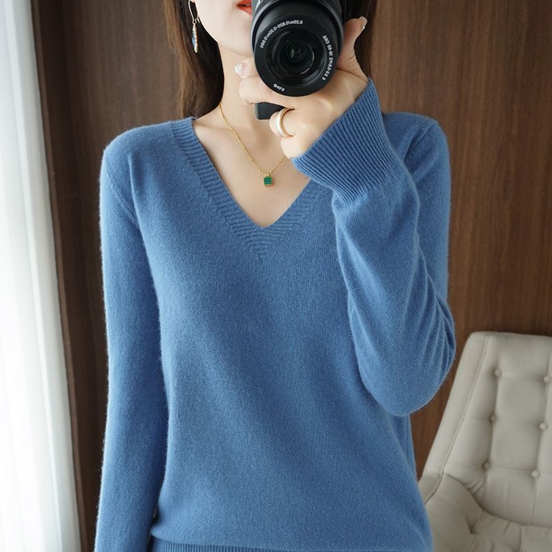 Maglione da donna autunno inverno 2025, pullover lavorati a maglia, scollo a V, vestibilità slim, maglia morbida e solida, maglioni basic_voghion.com