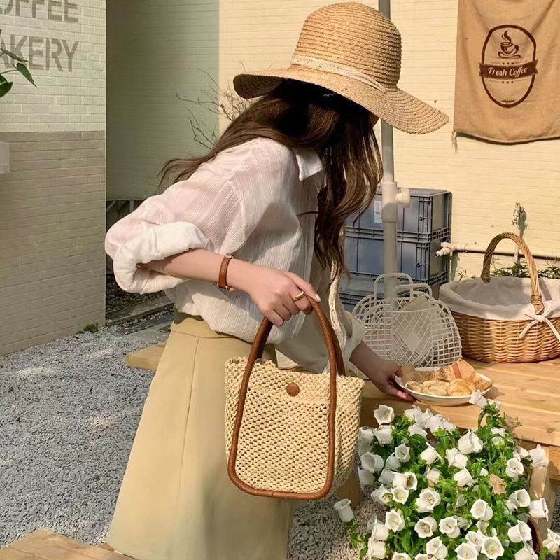 Borsa da spiaggia intrecciata francese per le vacanze, borsa da principiante Xiaoqing in stile foresta, borsa a tracolla versatile e casual_voghion.com