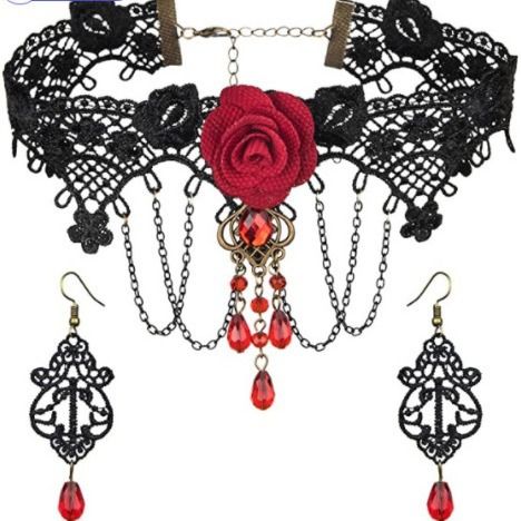 Hot selling lace jewelry Halloween red rose crystal necklace earrings 3-piece set,Fashion sexy lace_voghion.com