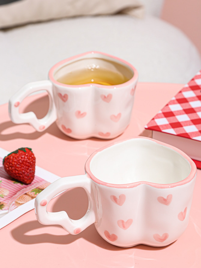 1 tazza disegnata a mano con manico creativo a forma di cuore, tazza per acqua, tazza da caffè in ceramica fatta a mano rosa carina_voghion.com
