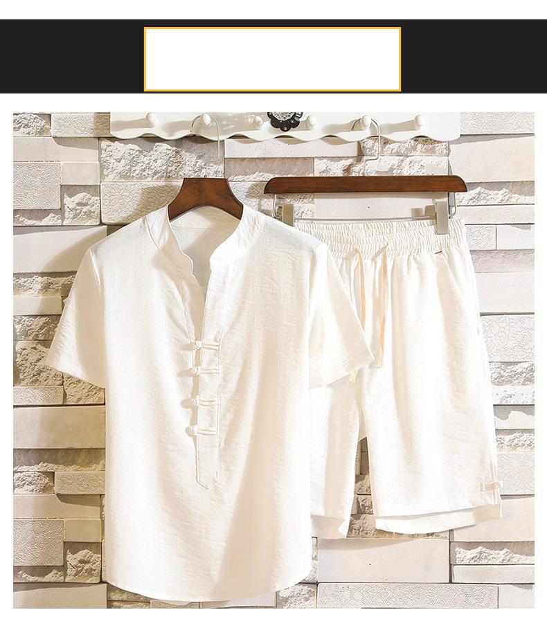 Abbigliamento maschile Abito in stile lino per uomo grasso Taglie forti Abito da uomo estivo a maniche corte in cotone e lino retrò in due pezzi_voghion.com
