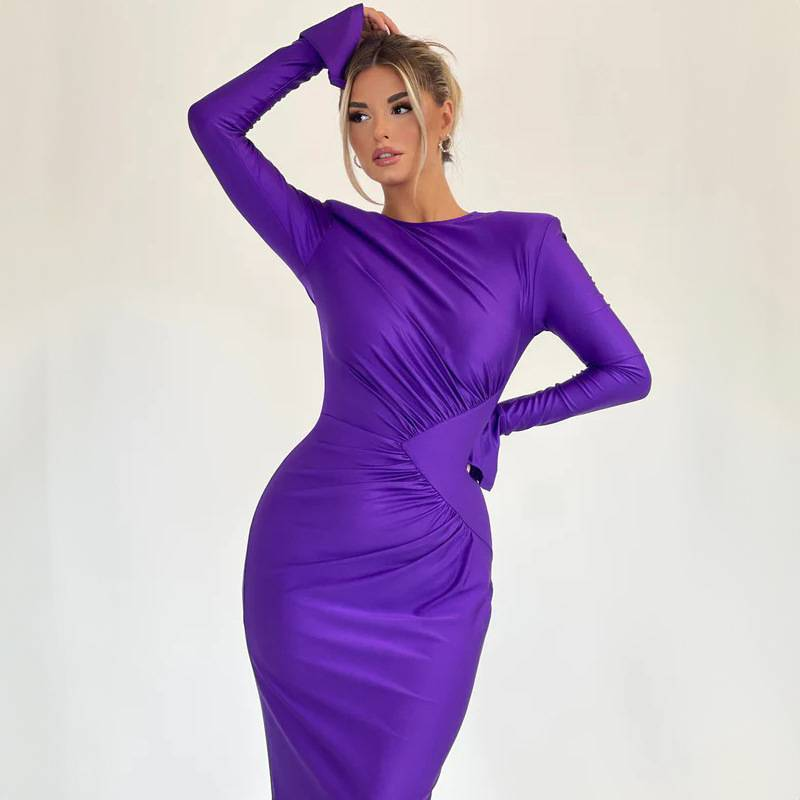 2025 Efterår O-hals Langærmet Bodycon Folds Aftenkjoler Til Kvinder Elegant Mode Høj Talje Tunikaer Lang Festkjole Kvinde_voghion.com