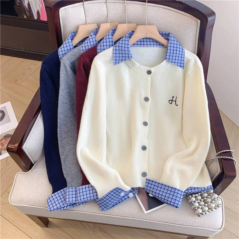 Damenbekleidung Dreizehn Linien Zweiteiliger Polokragen Nähte Langärmliger Strickpullover Damen Lockerer Kurzer Cardigan Trend_voghion.com