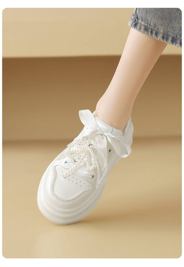 Cameido Donna Primavera 2025 Suola Spessa - Sneakers Bianche Con Perle E Fiocchi, Scarpe Slip-On Con Plateau Per Ragazze Minute, Design Alla Moda_voghion.com