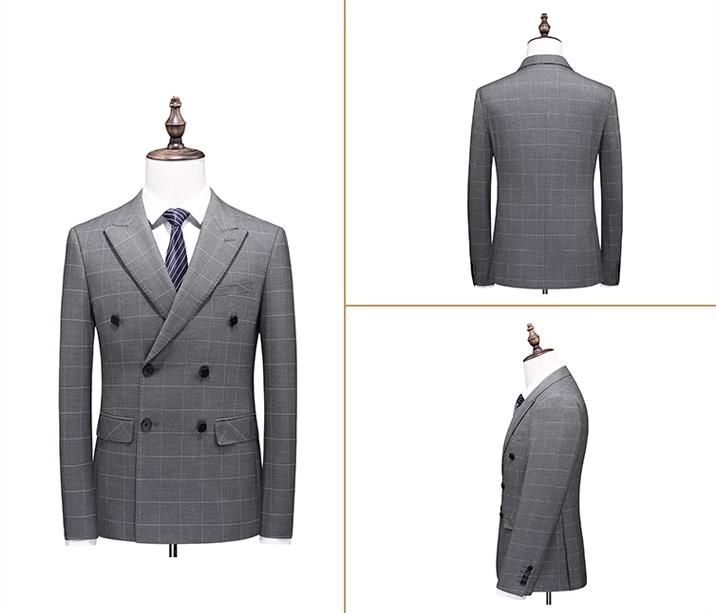 Men's Casual European And American Business Checkered Double-breasted Suit, Groom, Best Man, Host Three-piece Suit + Waistcoat + Long Pants_voghion.com