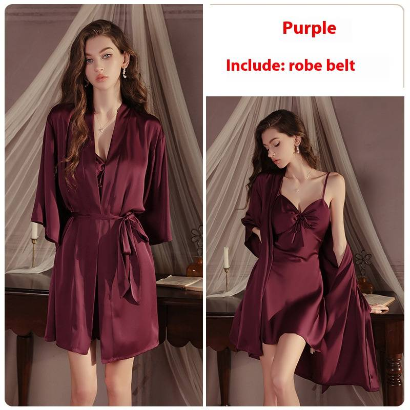 Vêtements de nuit pour femmes, rose, couleur pure, satin, jupe Super A, décolleté en V profond, plus coussin de poitrine, écharpe, chemise de nuit, robe extérieure, vêtements de maison_voghion.com